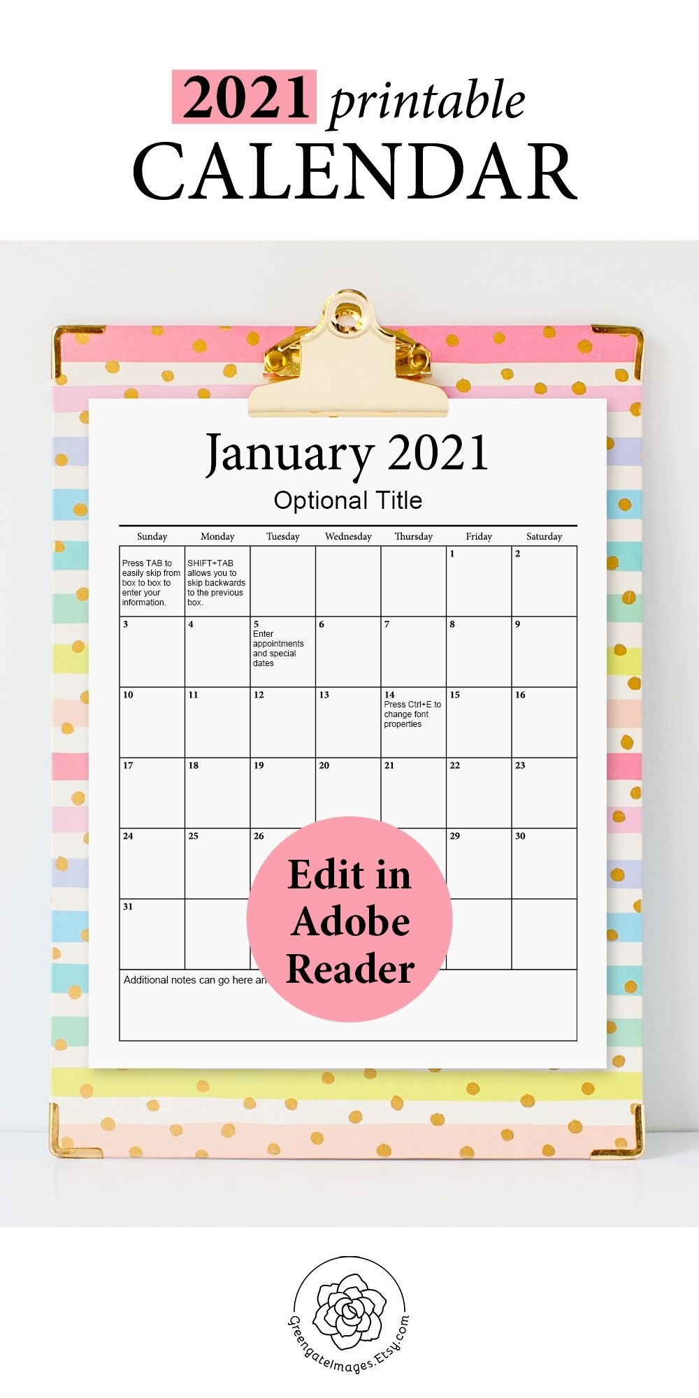 2021 Printable Calendar - Fillable Planner, Editable Pdf