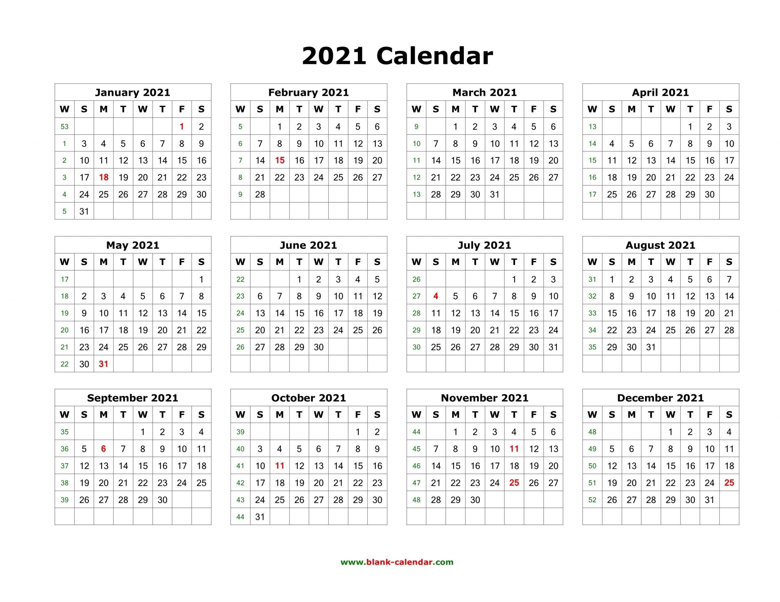 2021 Printable Calendar One Page