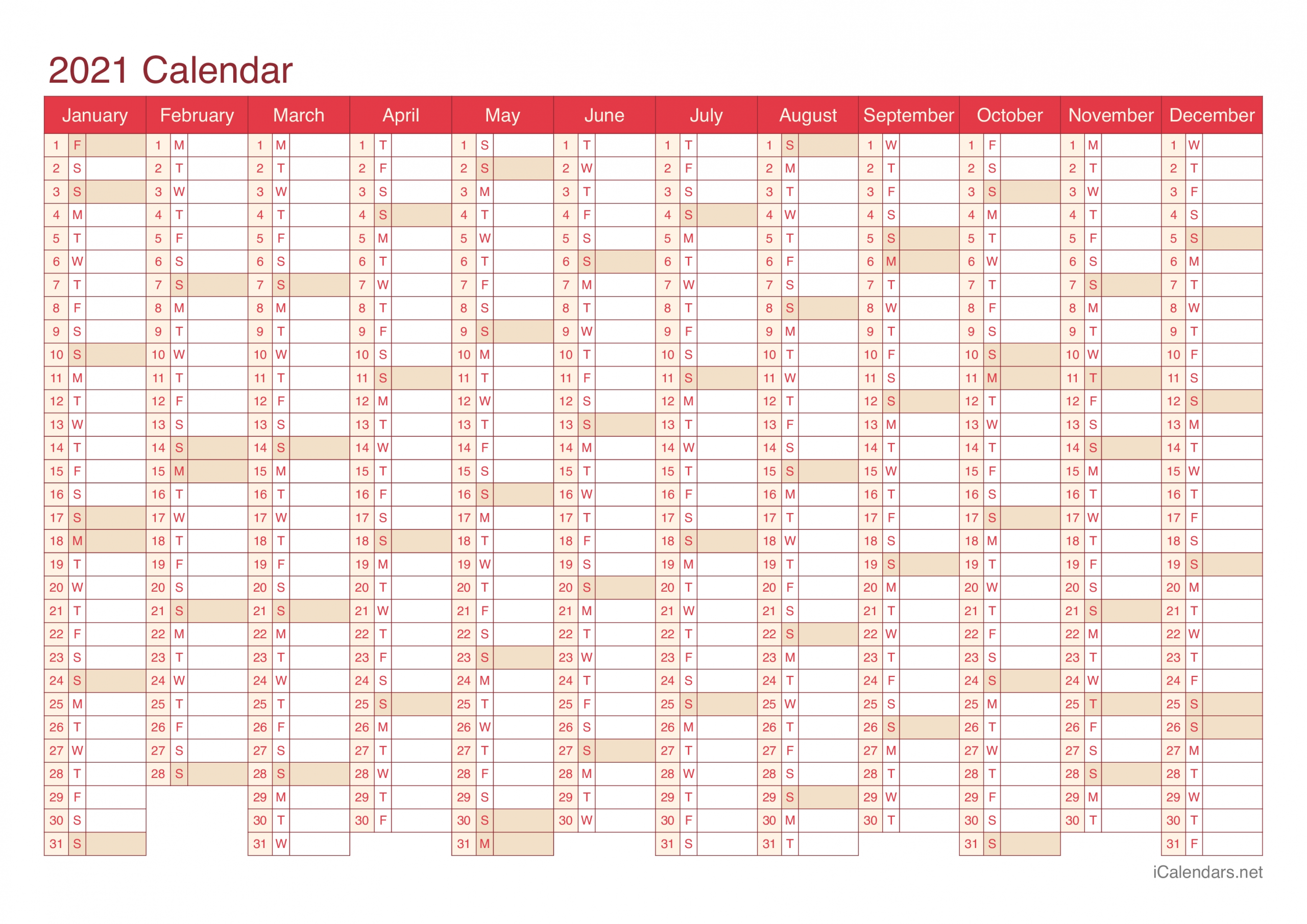 2021 Printable Calendar - Pdf Or Excel - Icalendars