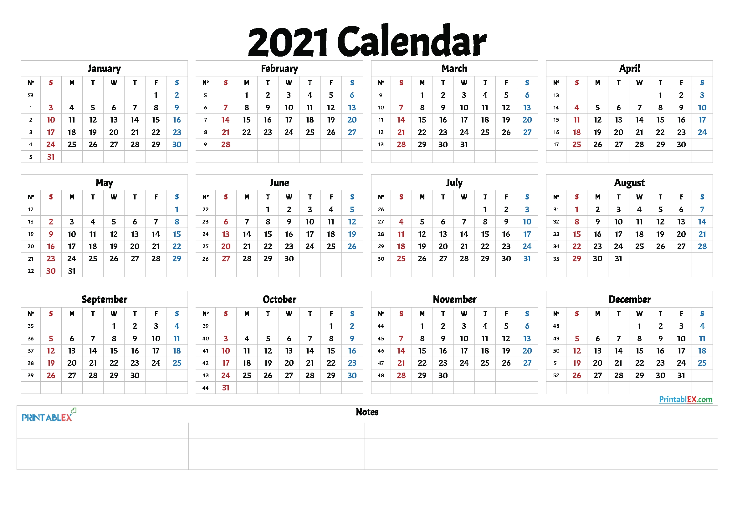 2021 Printable Yearly Calendar With Week Numbers