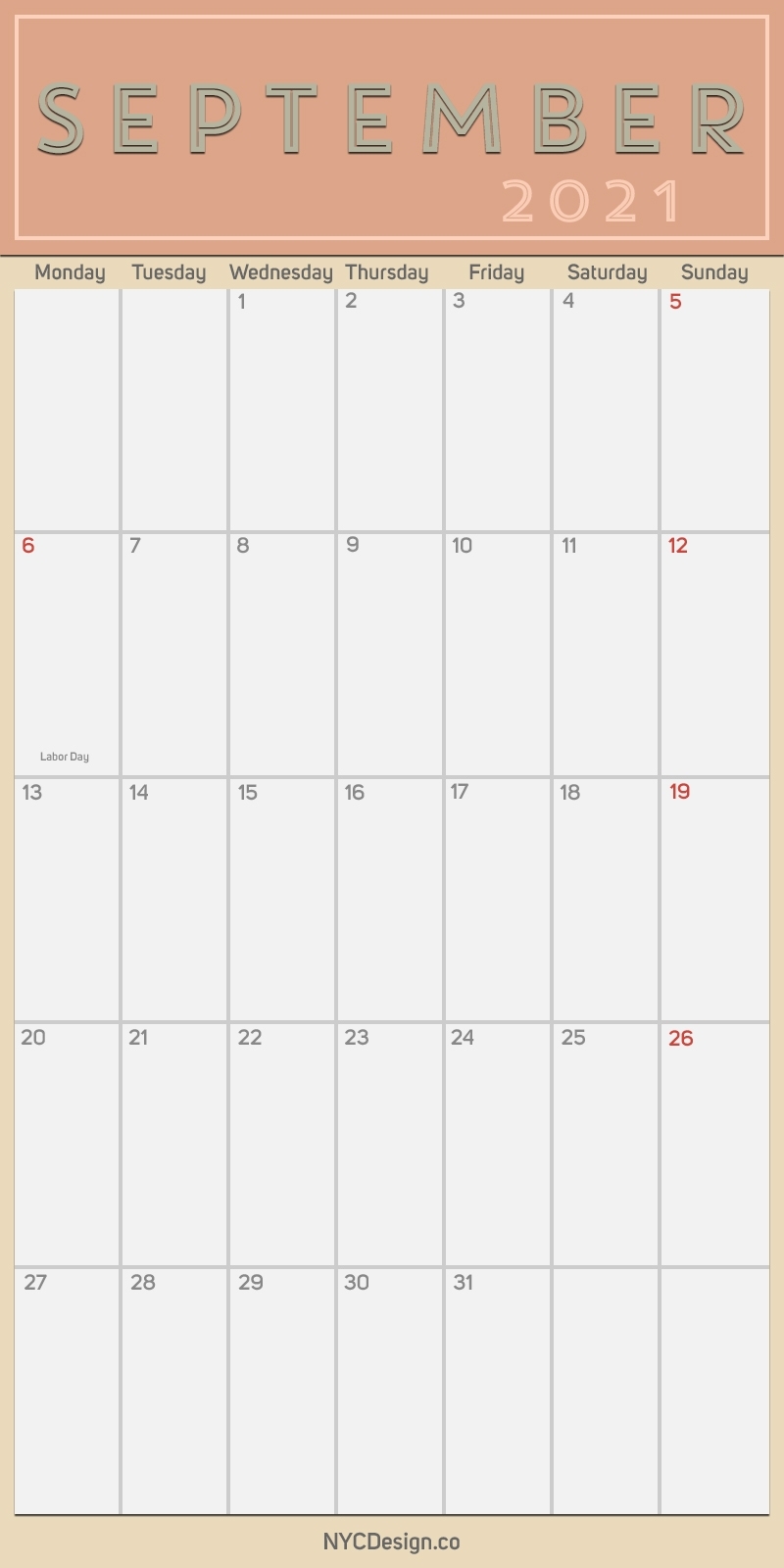 2021 September - Monthly Calendar With Holidays, Printable