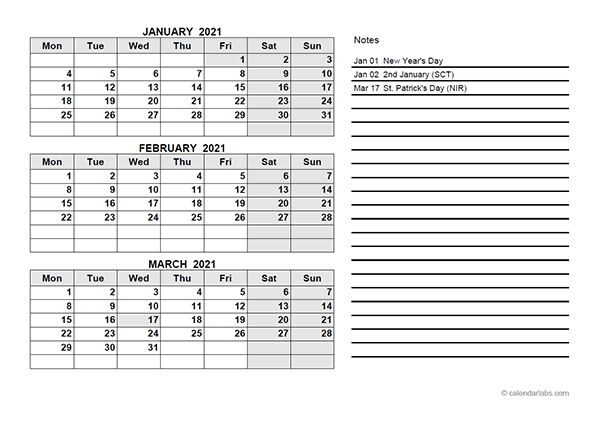 2021 Uk Quarterly Calendar With Holidays - Free Printable