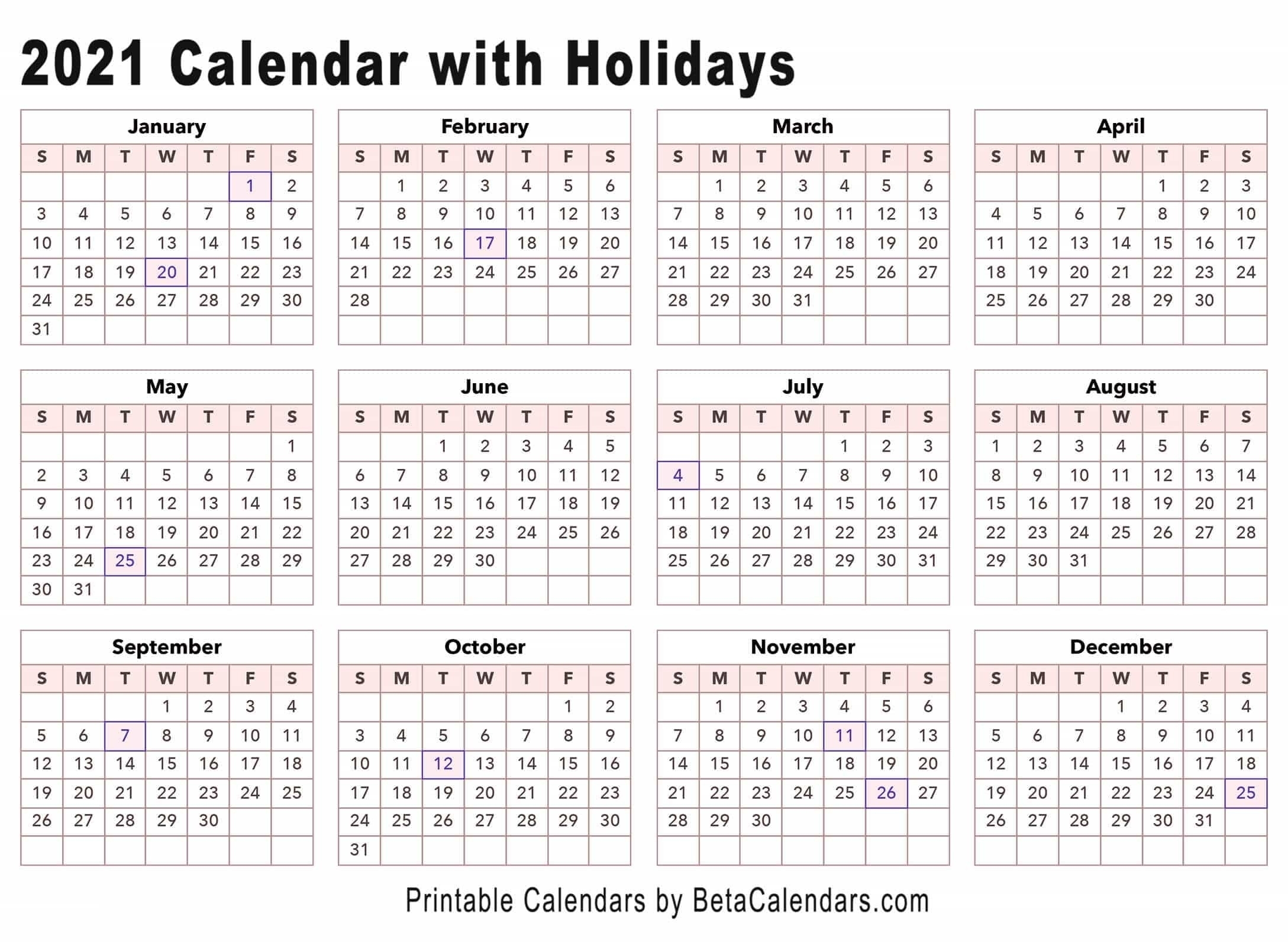2021 Vacation Calandar | Calendar Template Printable