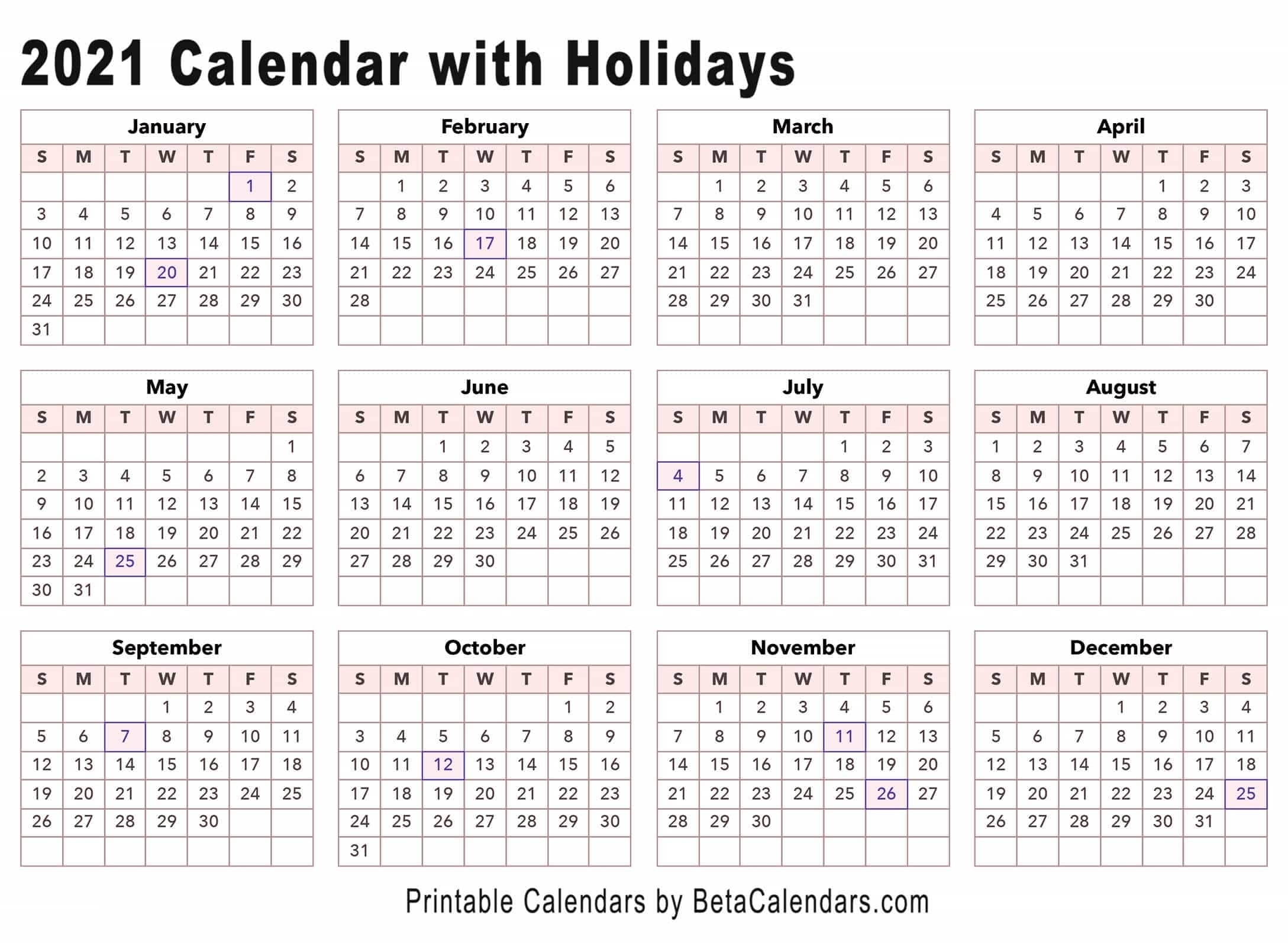 Vacation Calendars 2021 Month Calendar Printable