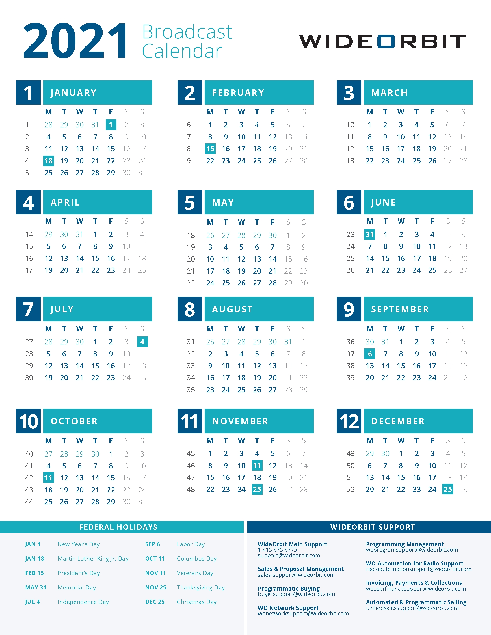 2021 Wideorbit Broadcast Calendar