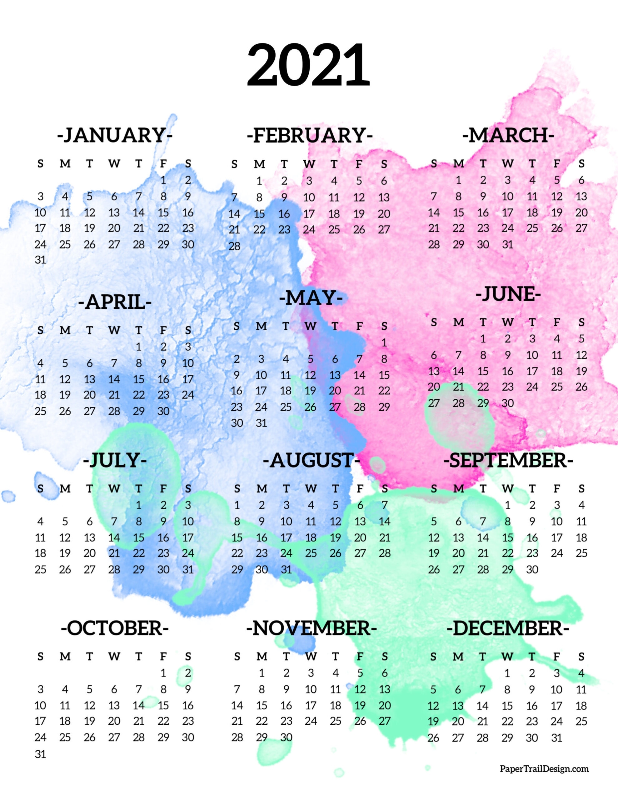 2021 Year At A Glance Calendar 2021 Free Printable