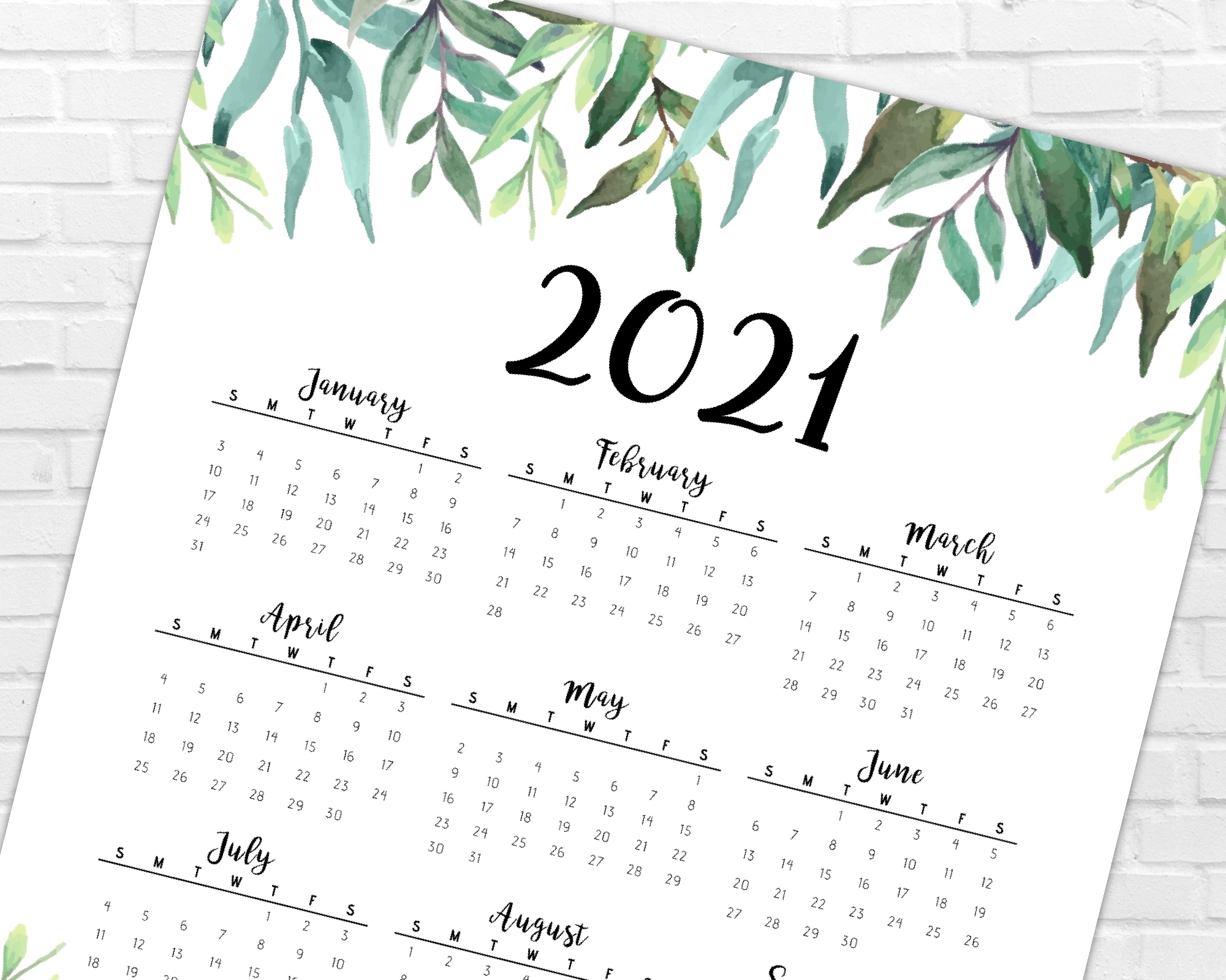 2021 Year At A Glance Calendar | Greenery &amp; Leaves