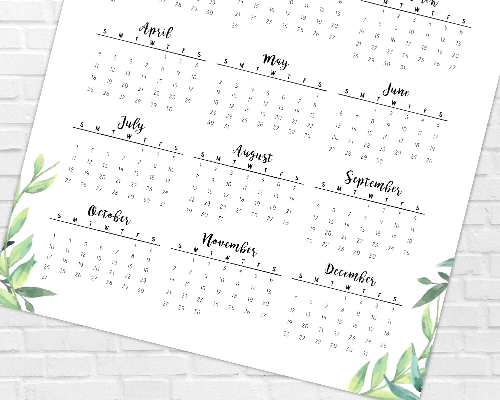 2021 Year At A Glance Calendar | Greenery &amp; Leaves