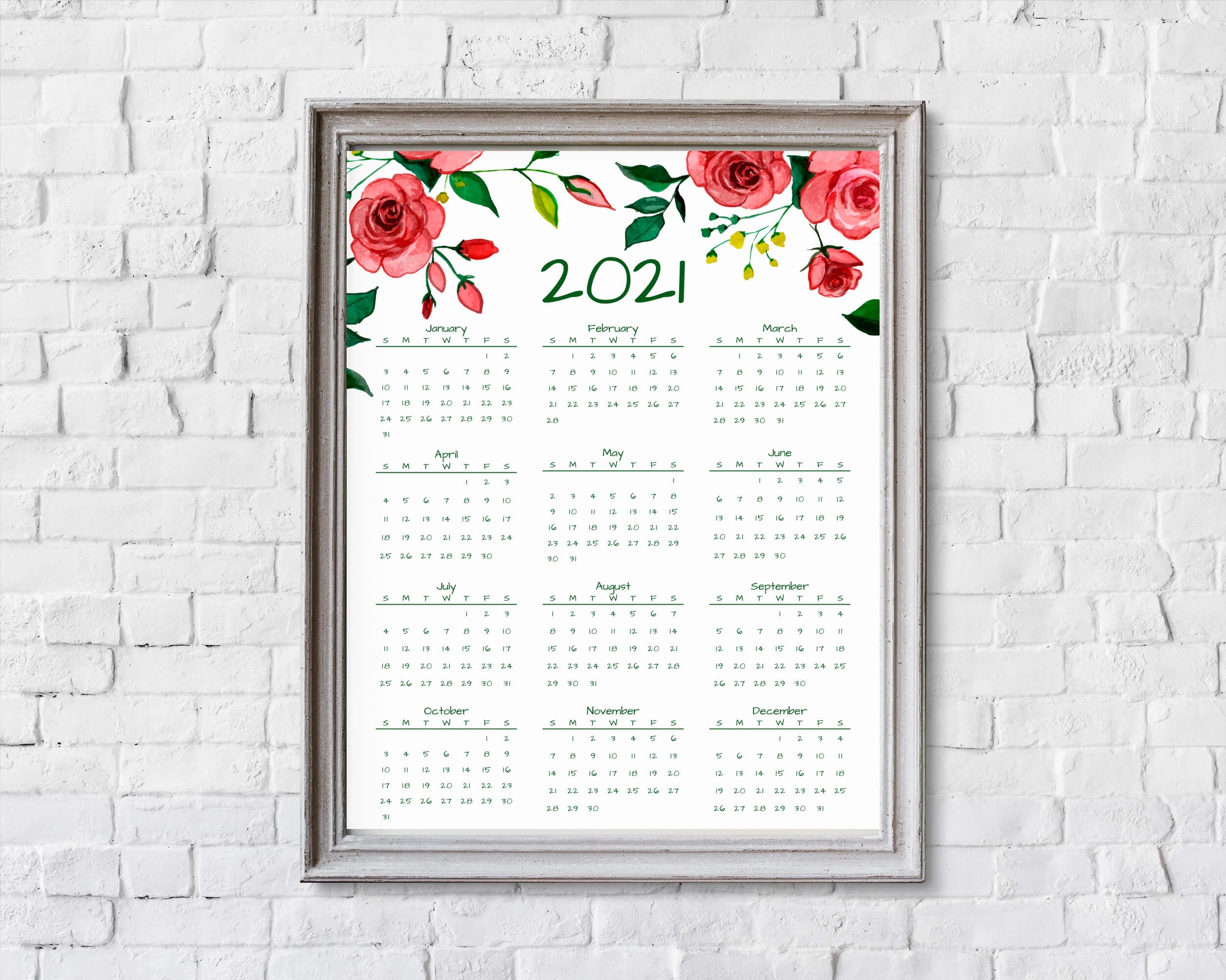 2021 Year At A Glance Calendar | Red Roses | Printable