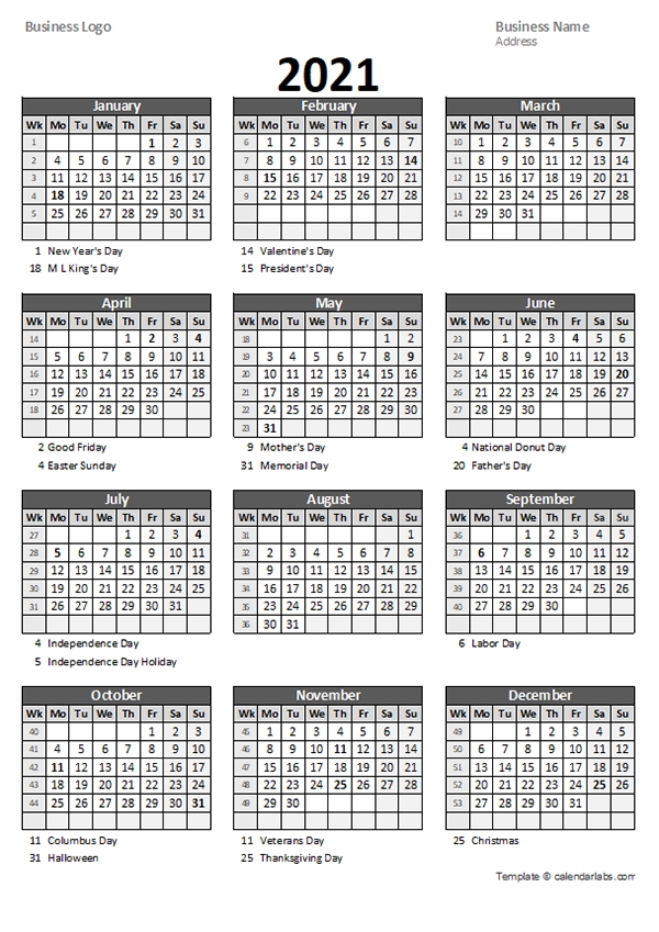 2021 Yearly Business Calendar With Week Number - Free