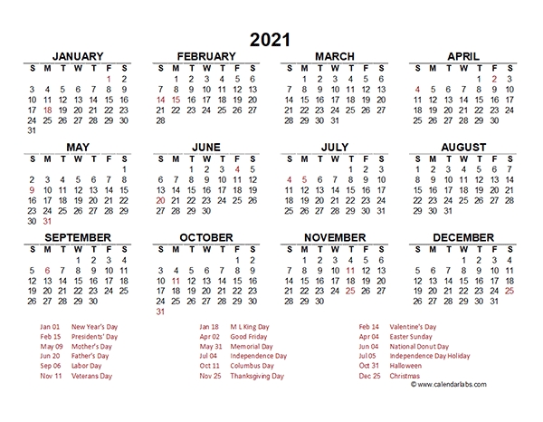 2021 Yearly Calendar Template Excel - Free Printable Templates