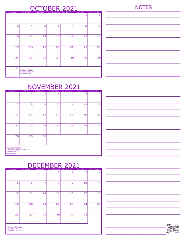 3 Month Calendar - 2021