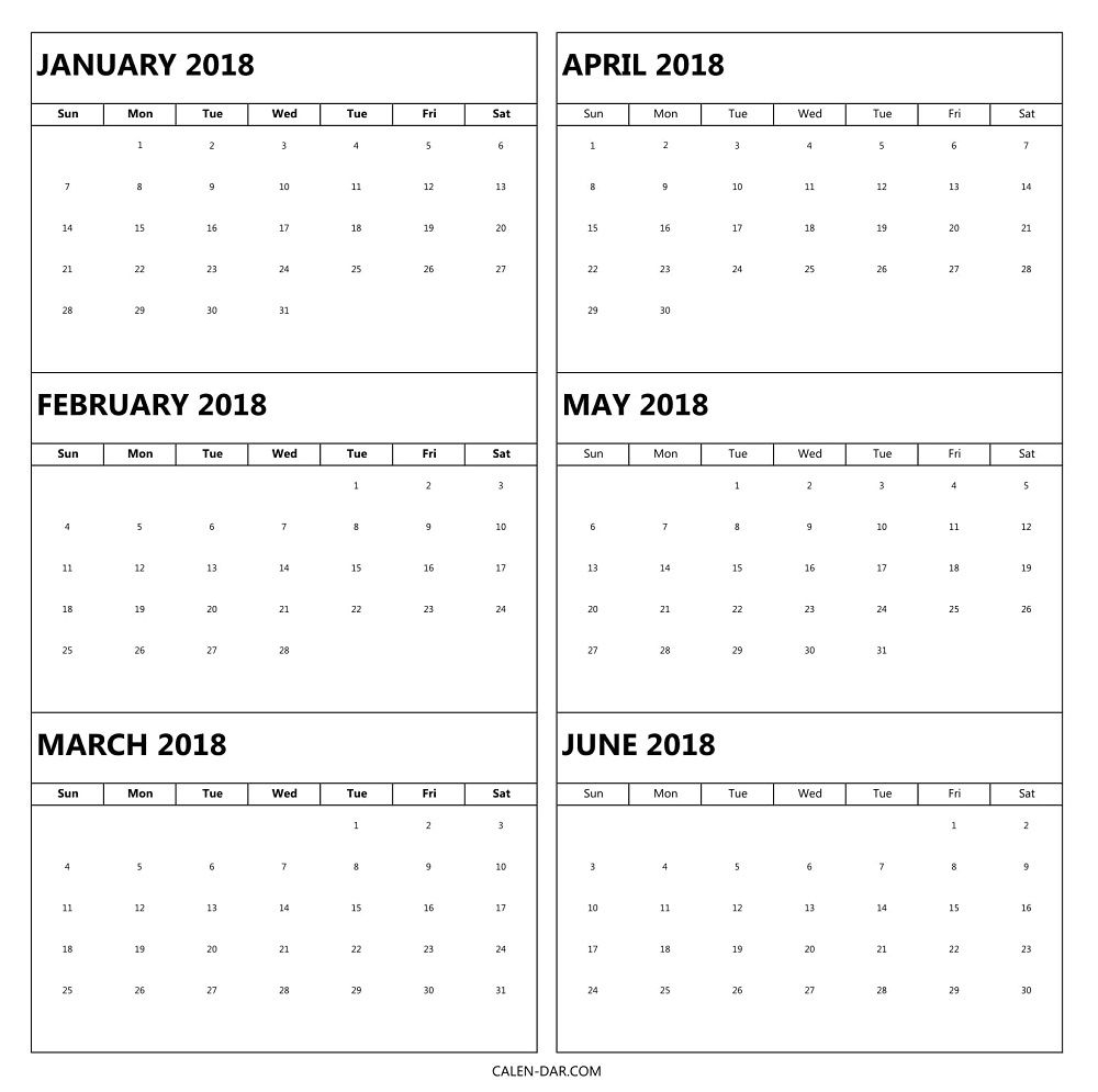 6 Month 2018 Calendar Printable