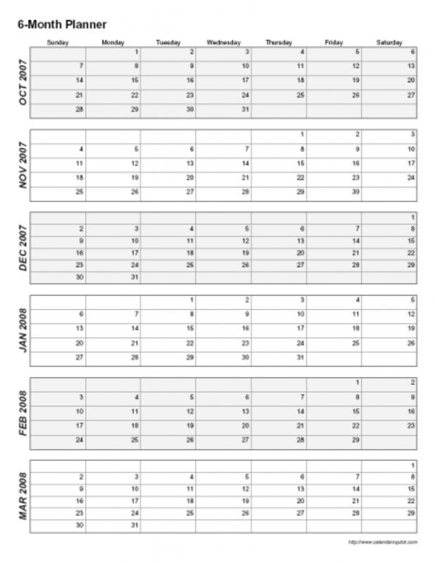 6 Month Printable Calendar