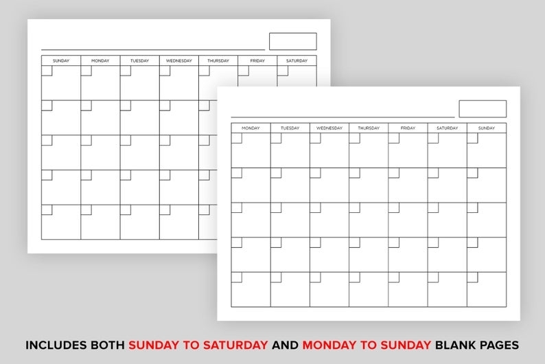 8.5 X 11 Inch Blank Calendar Page Template Instant