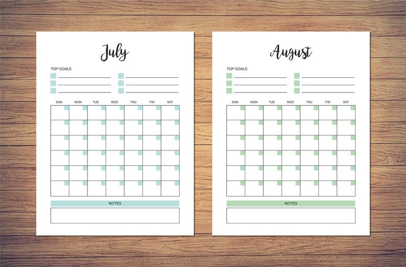 8.5 X 11 Inch Blank Monthly Calendar Page Template Instant