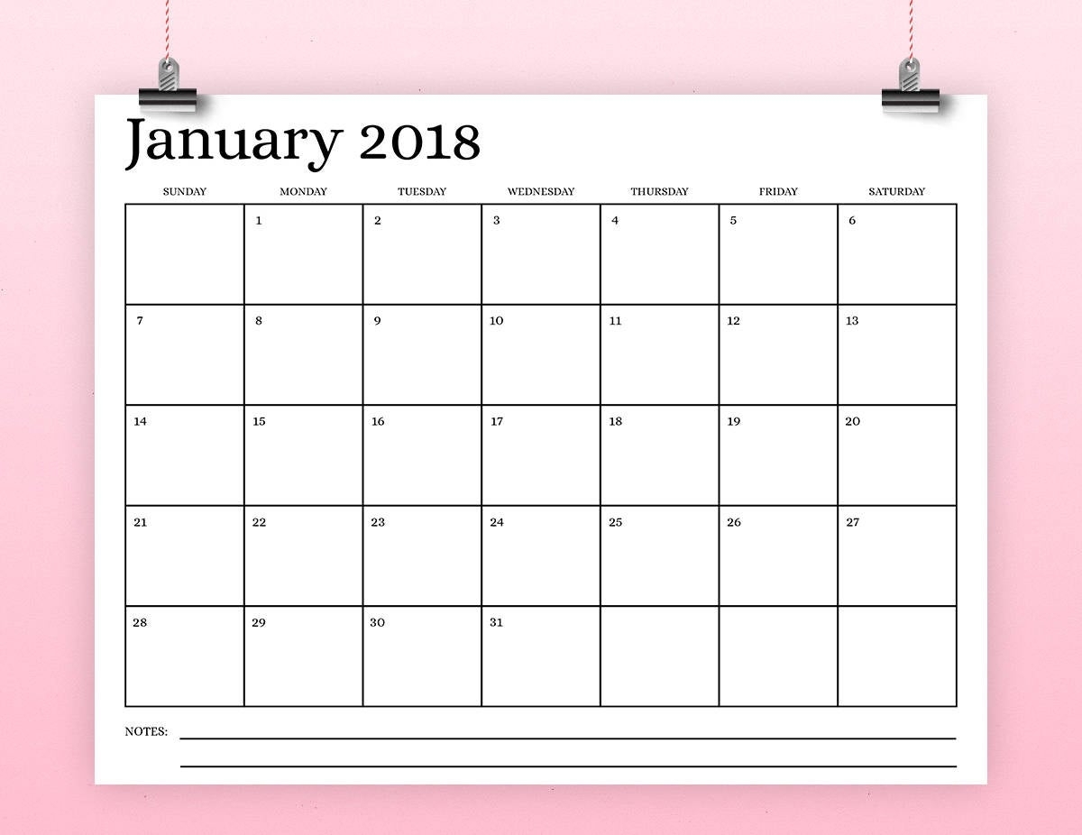 8.5X11 Inch 2018 Calendar Template Instant Download Serif