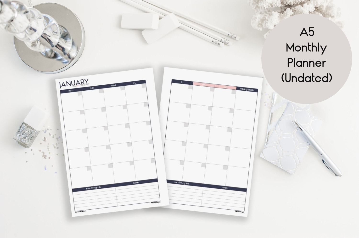 A5 Undated Monthly Calendar Printable Inserts Refills Also