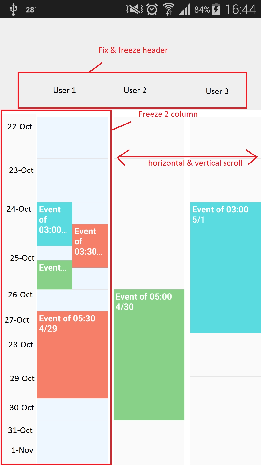 Android Create A Layout For Calendar Event With Freeze