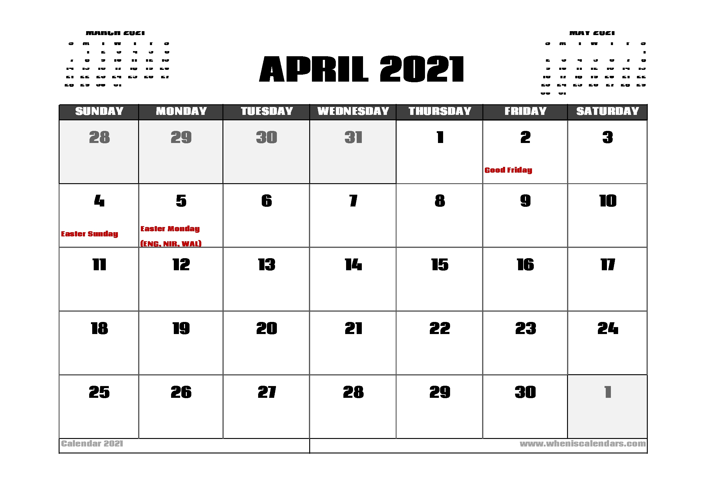 April 2021 Calendar With Holidays | Free 2021 Printable