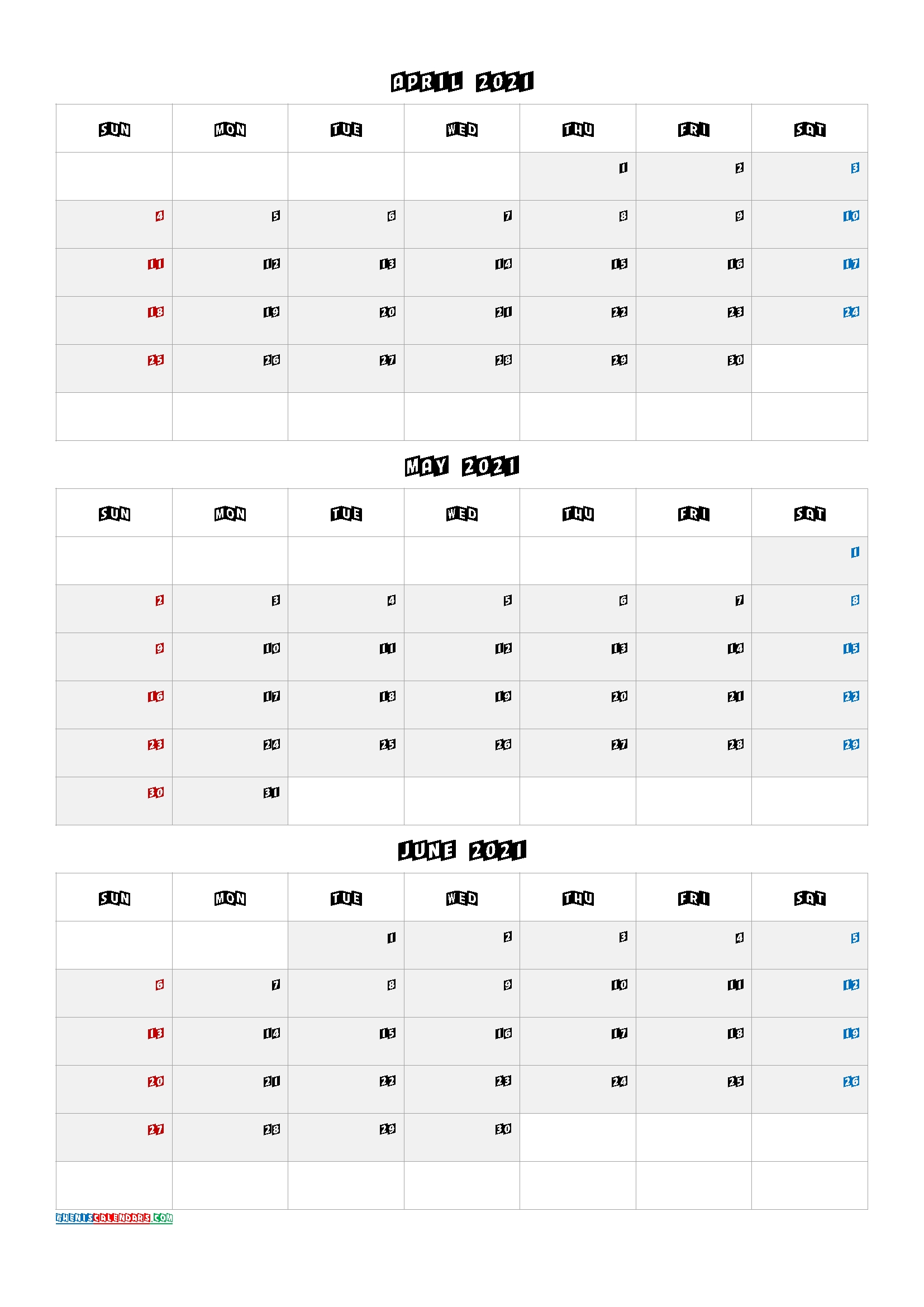 April May June 2021 Printable Calendar [Q1-Q2-Q3-Q4