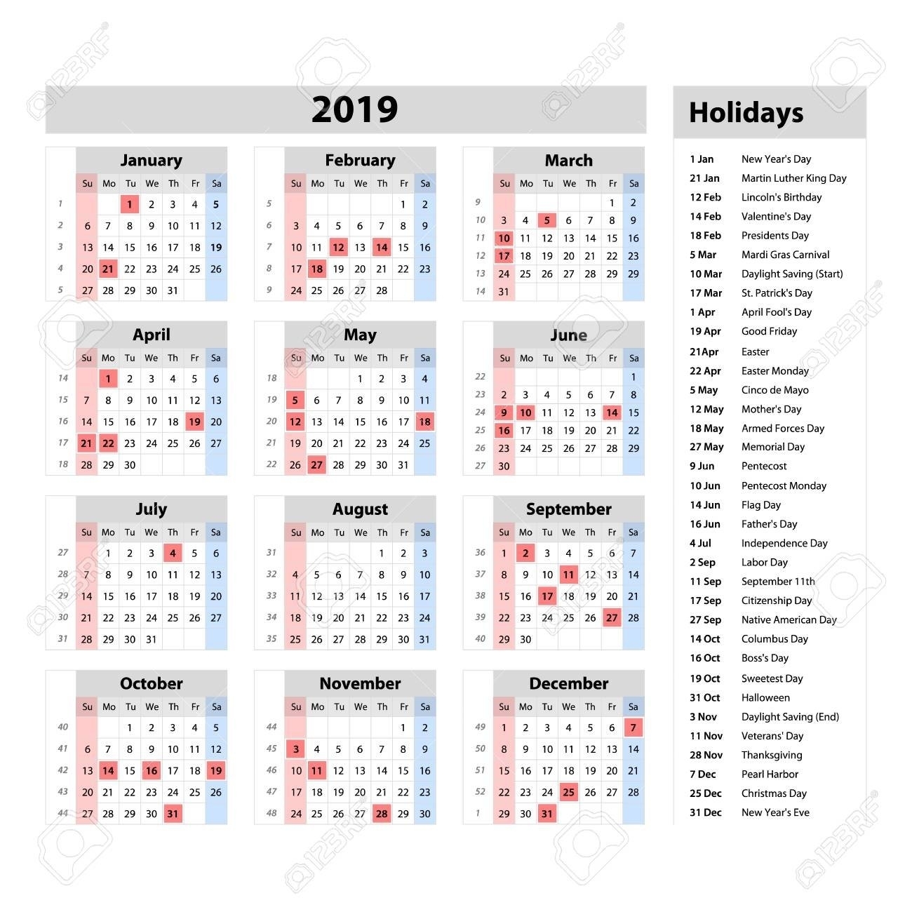 At A Glance Calendar 2019 :-Free Calendar Template