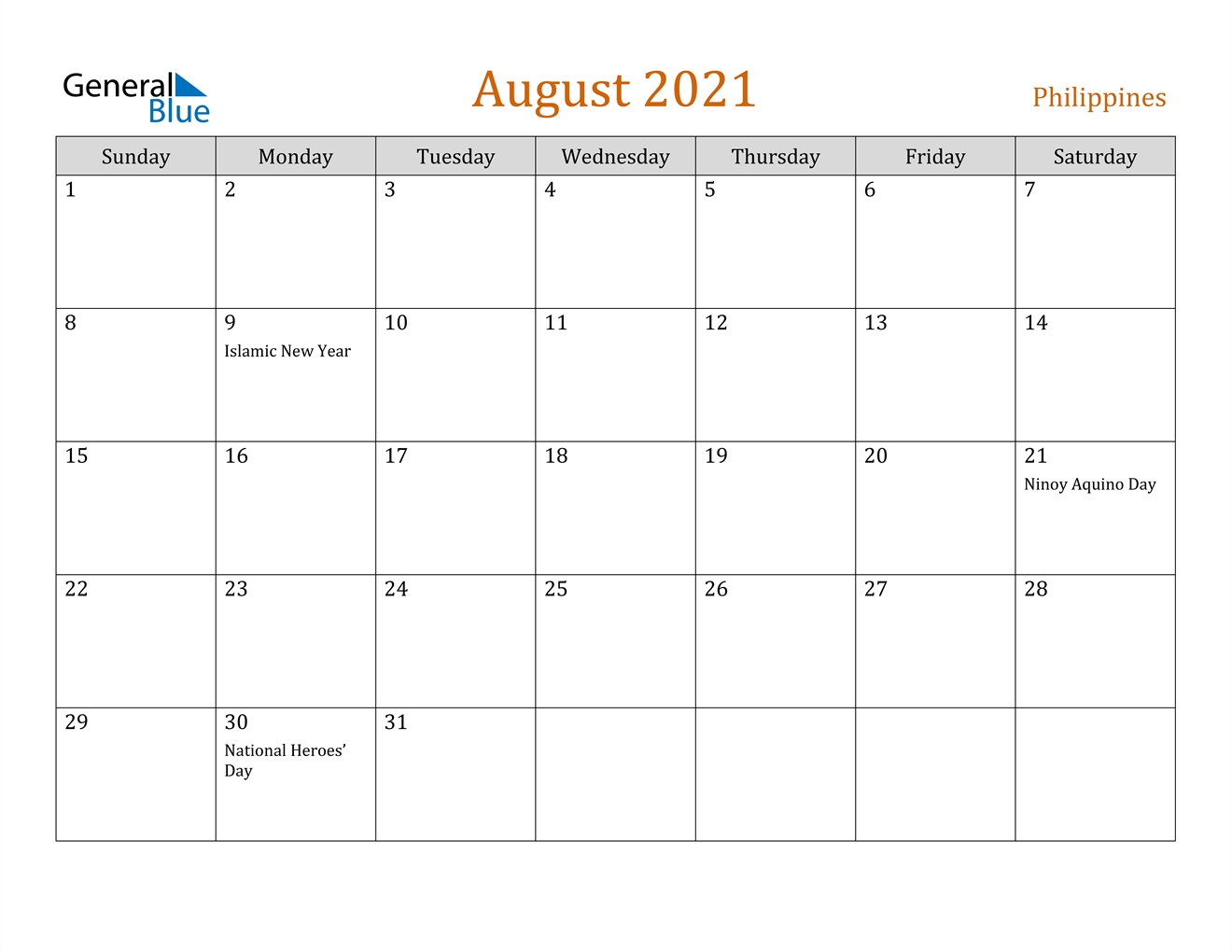 August 2021 Calendar - Philippines