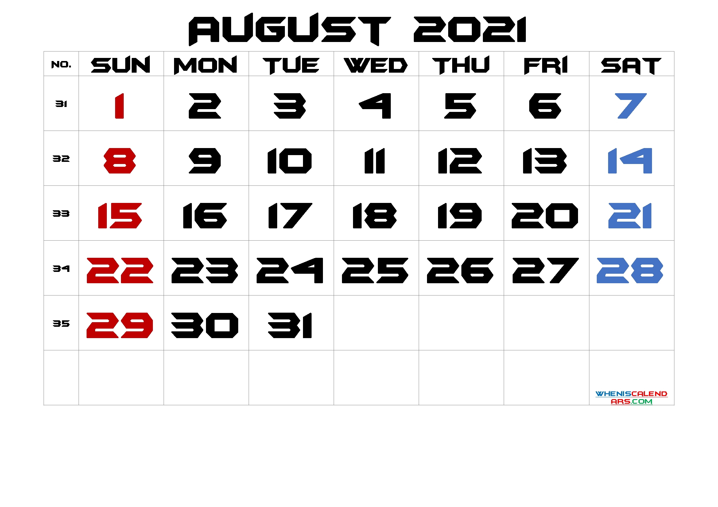 August 2021 Printable Calendar With Week Numbers - 6