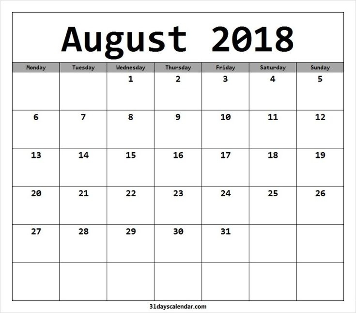 Available August 2018 Calendar Starting Monday | Calendar
