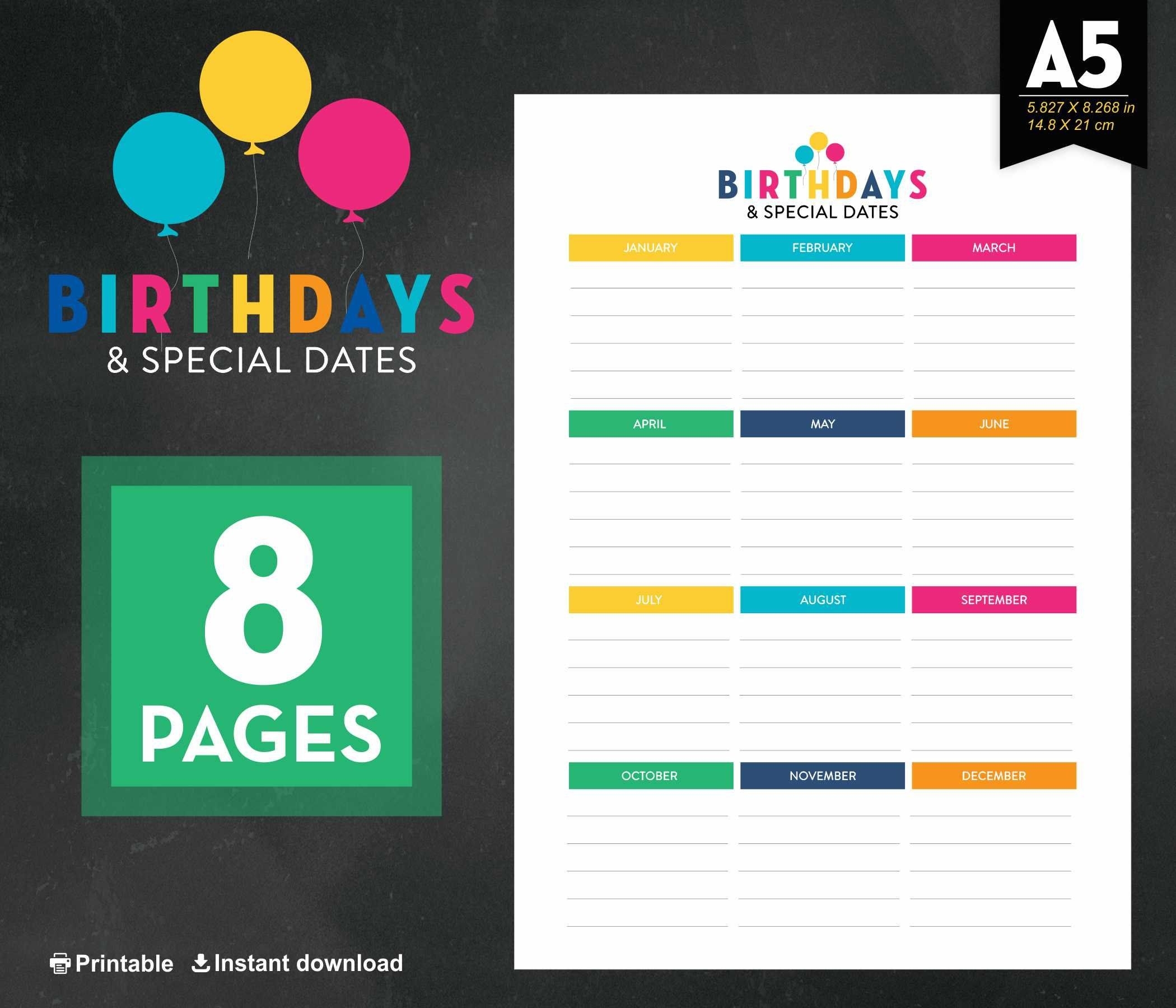 Birthday Calendar Birthday Tracker Anniversary Calendar