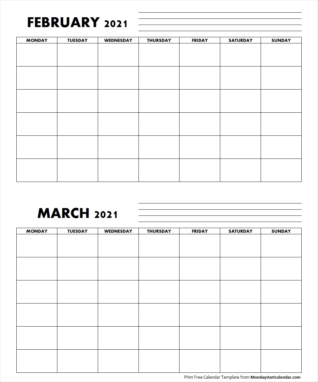 Blank February March 2021 Calendar Monday Start