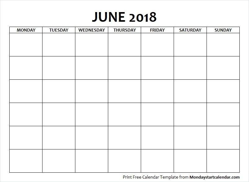 Blank June 2018 Calendar Monday Start Template | Calendar