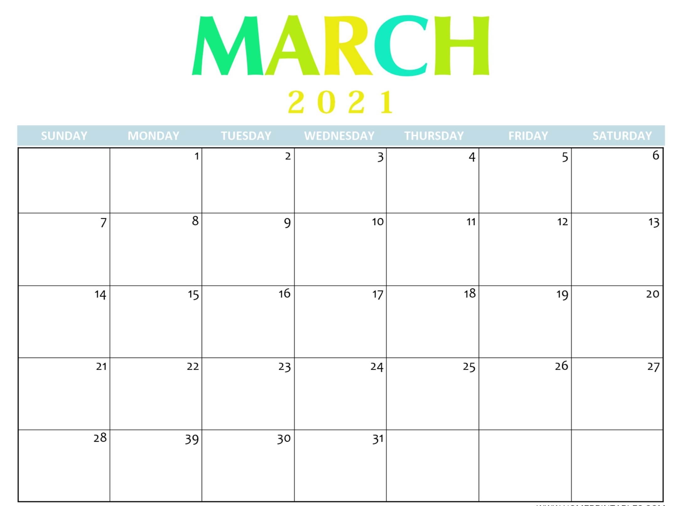 Blank March 2021 Calendar Printable Paper Sheets - One