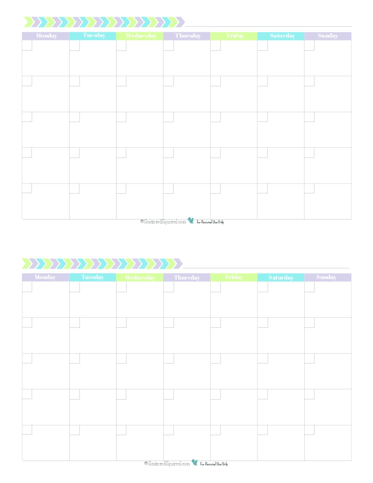 Blank Monthly Calendar Half Size Green Blue Purple Monday