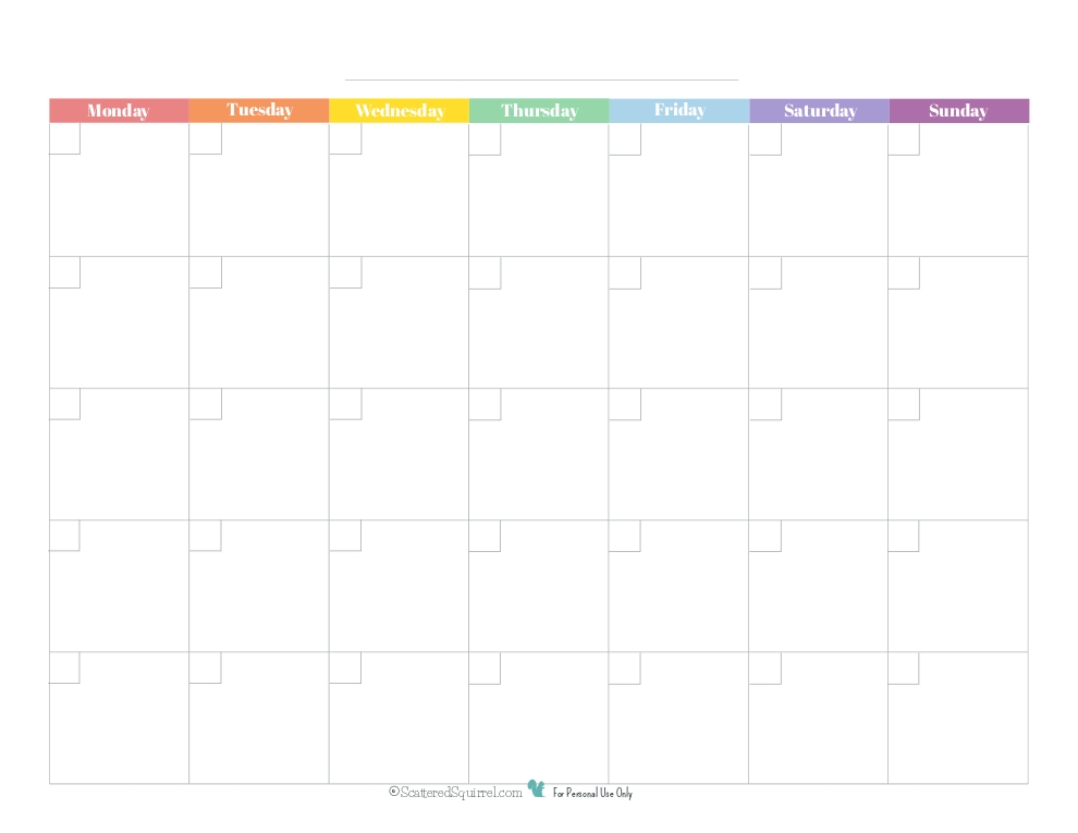 Blank Monthly Calendar Raibow Monday Start - Scattered