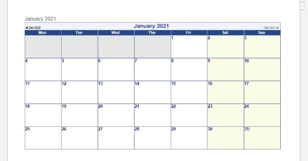 Blank Template January 2021 Calendar Word - 2021 Calendar