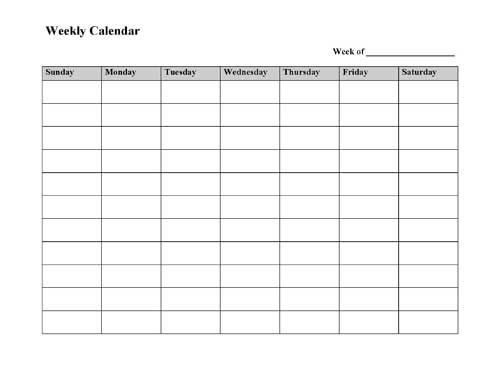 Blank Weekly Calendar Sunday Through Saturday Photo