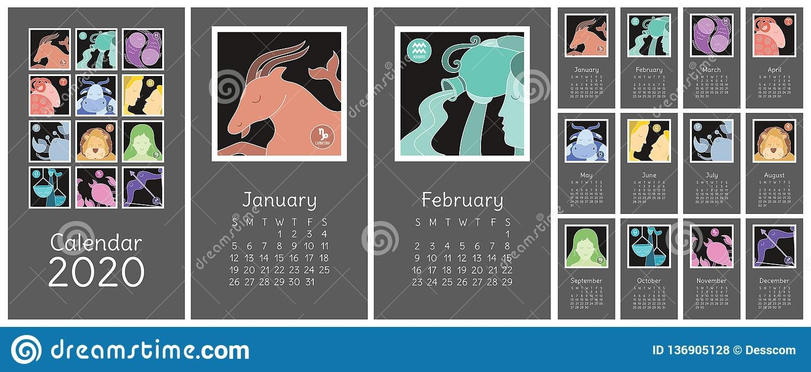 Calendar 2020. Zodiac Signs: Aquarius, Libra, Leo, Taurus