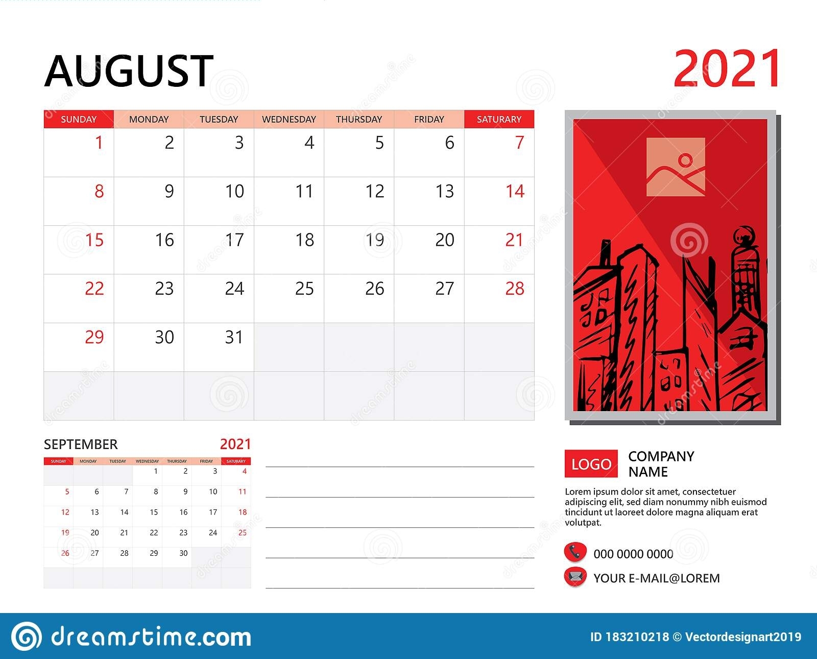 Calendar 2021 Design, August Month Template, Desk Calendar
