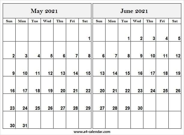 Calendar 2021 May June Template - A4 Calendar
