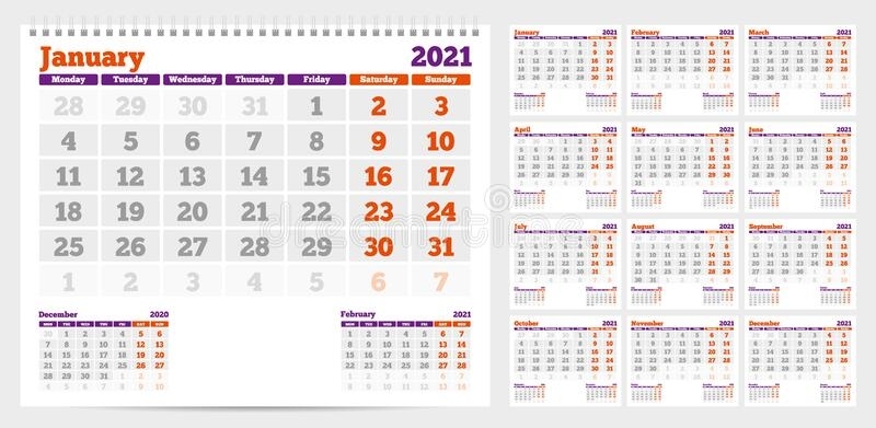 Calendar 2021. Week Start From Monday. Set Of 12 Months