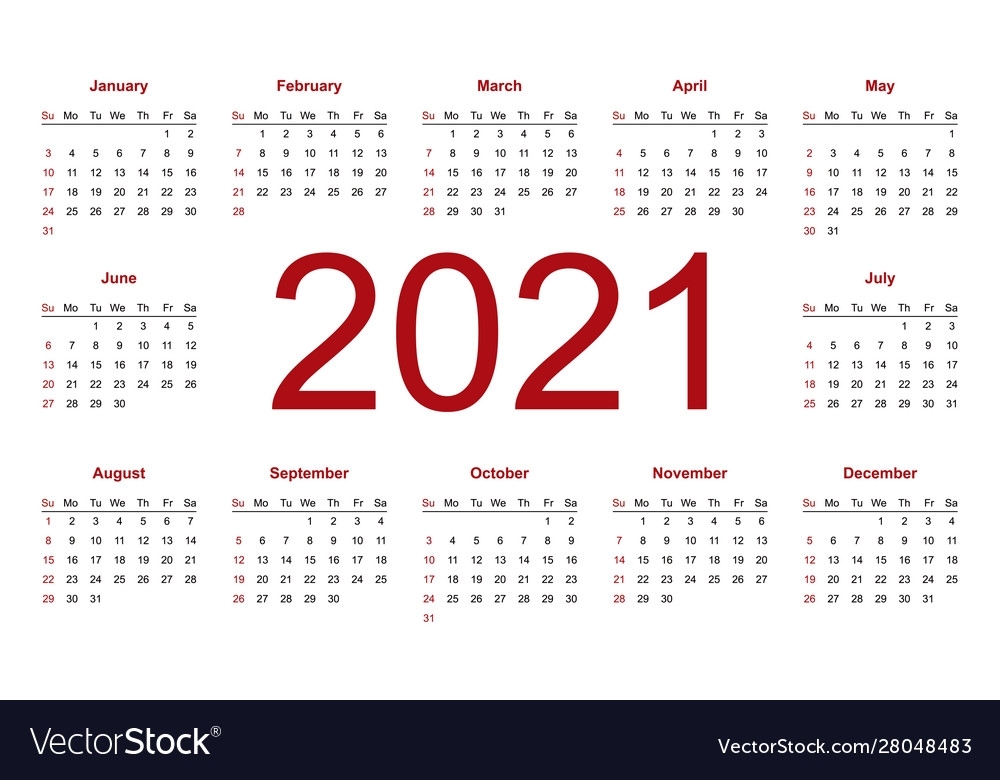 Calendar 2021 Week Starts From Sunday Business Vector Image