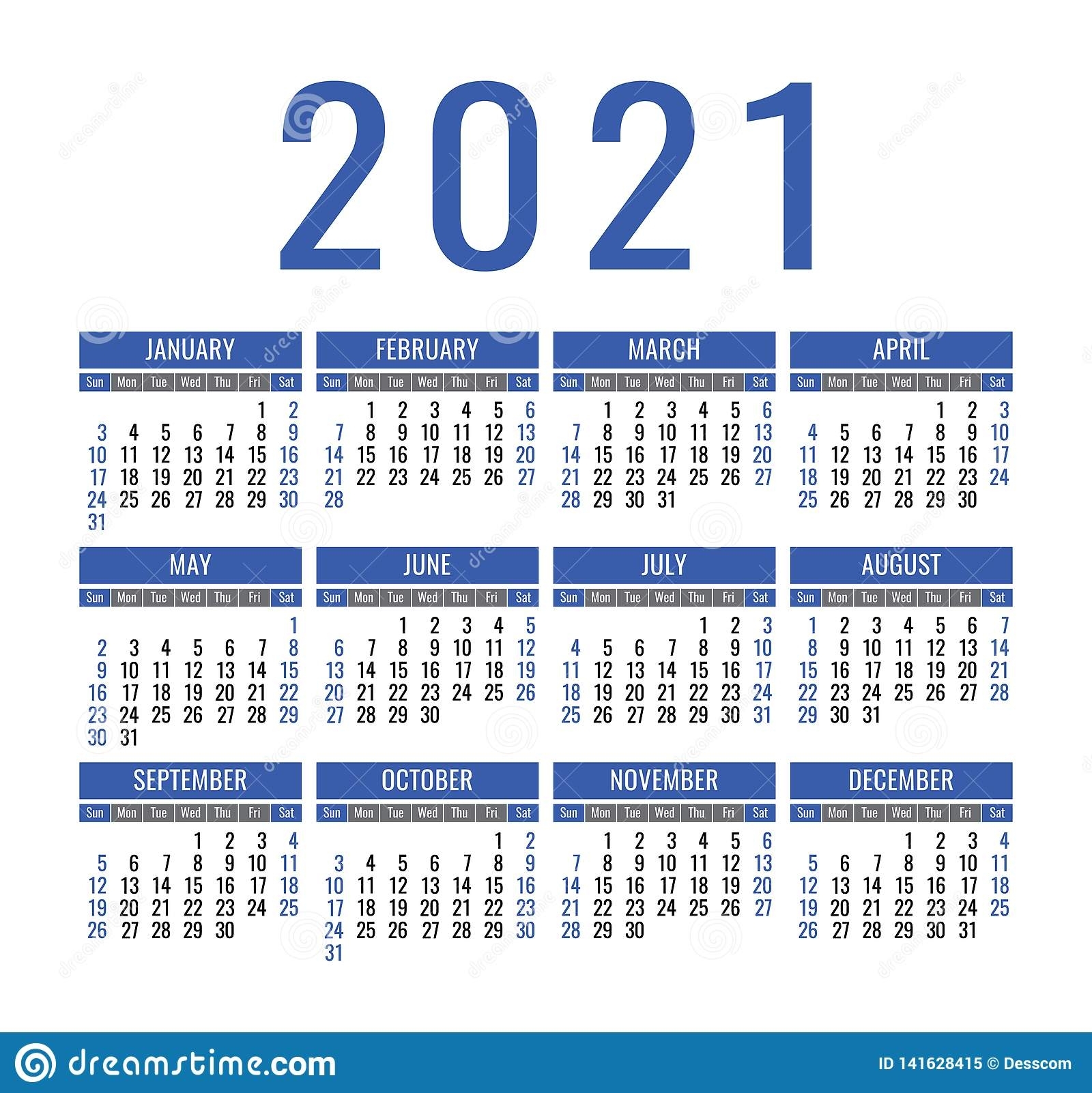 Calendar 2021 Year. Vector Pocket Or Wall Calender