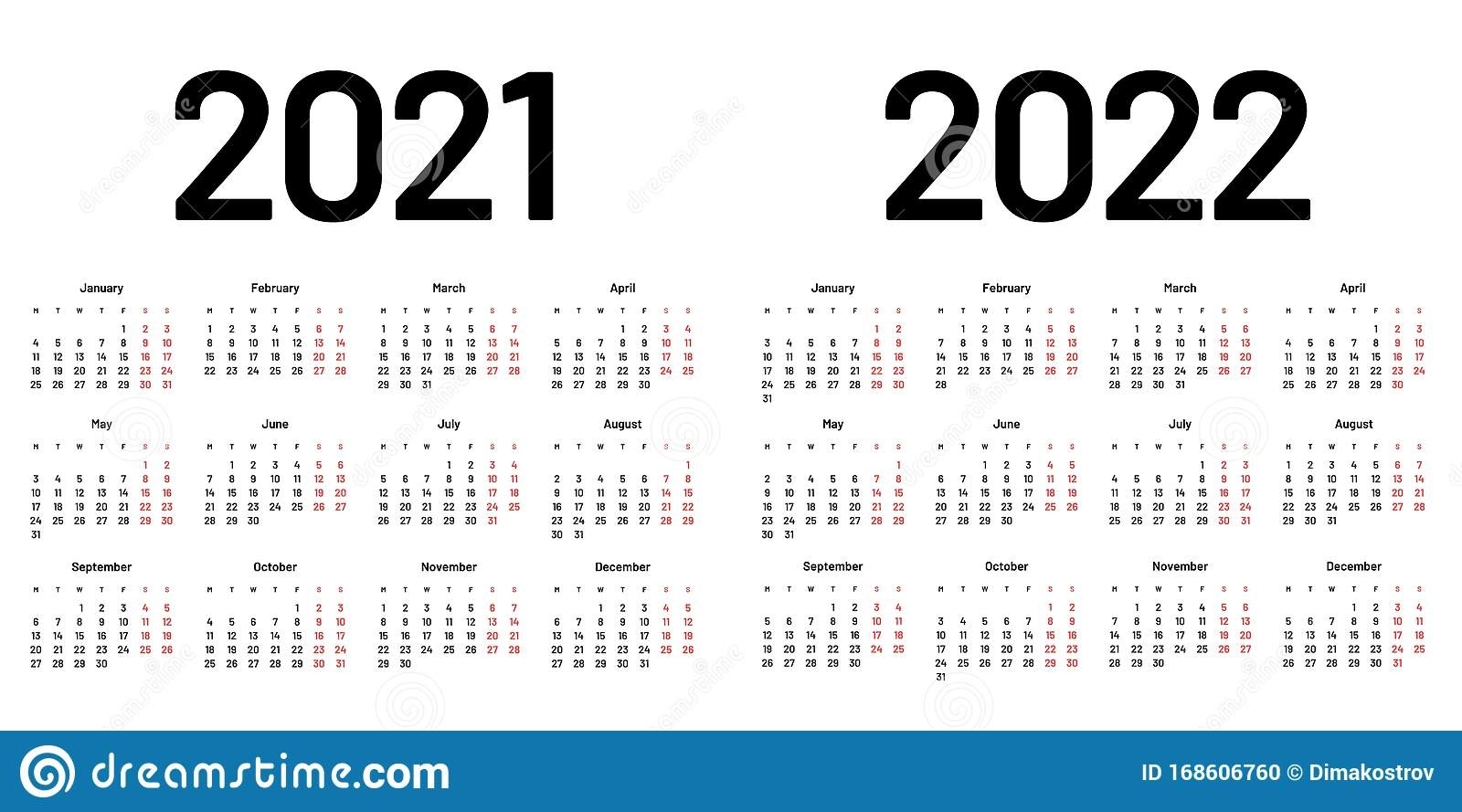 Calendar For 2021 And 2022 Year. Week Starts On Monday