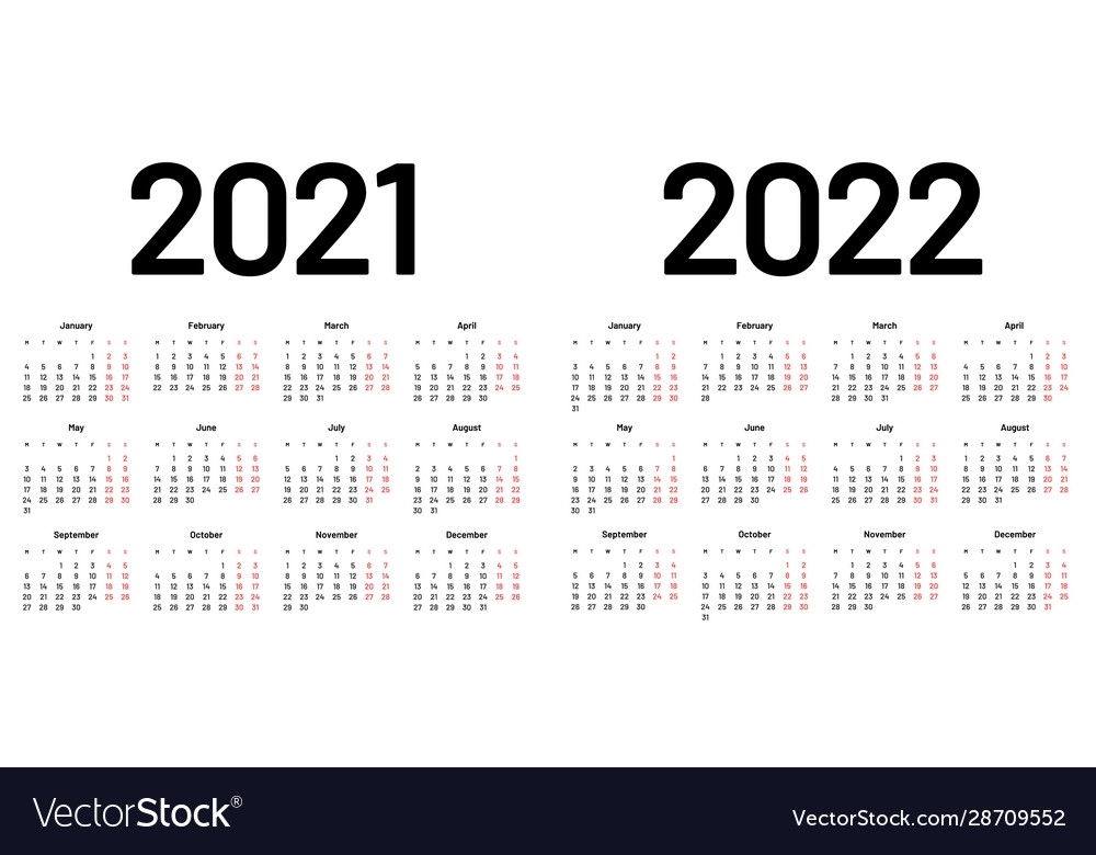 Calendar For 2021 And 2022 Year Week Starts On Vector Image