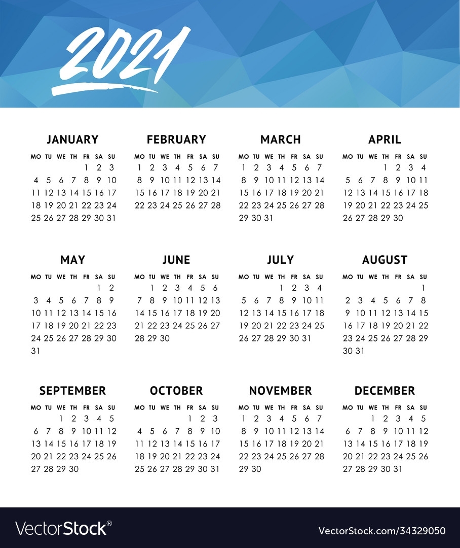 Calendar For 2021 Year Week Starts Monday Vector Image