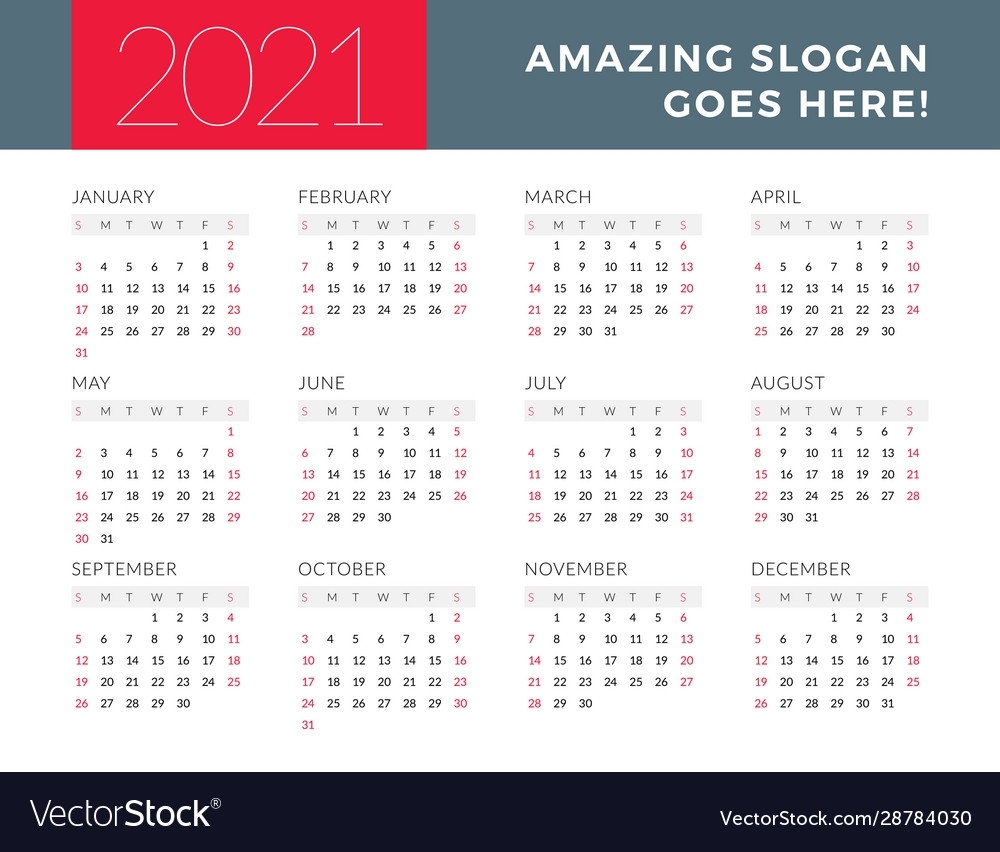 Calendar For 2021 Year Week Starts On Sunday Vector Image
