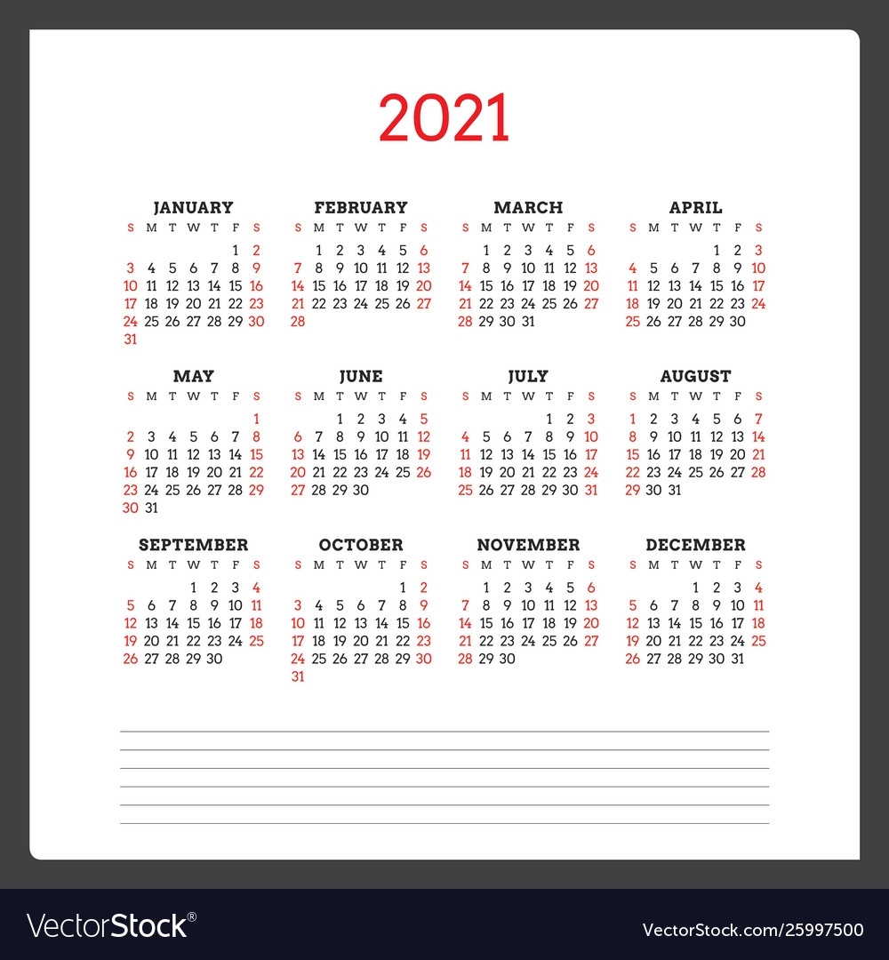 Calendar For 2021 Year Week Starts On Sunday Vector Image