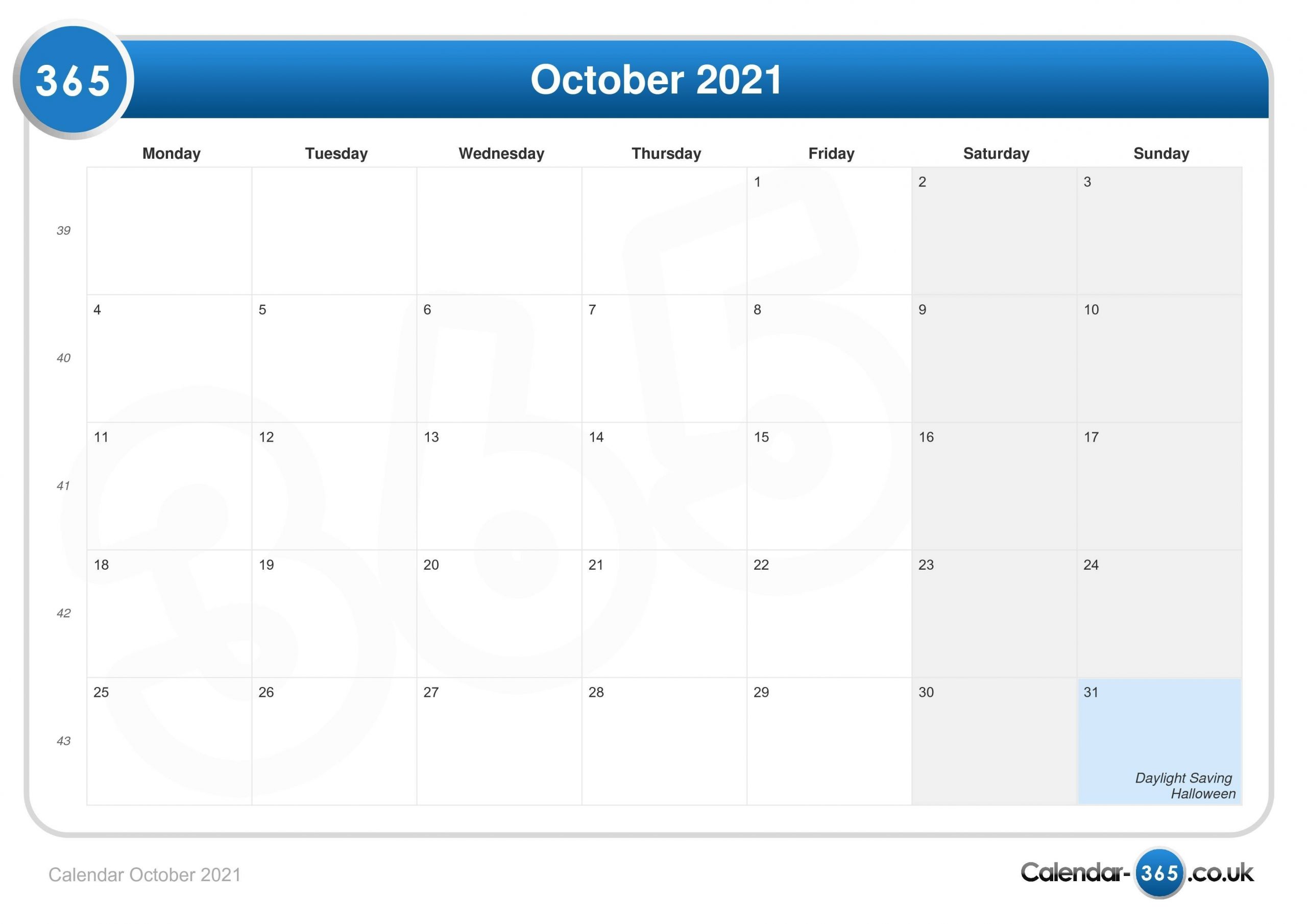 Calendar October 2021