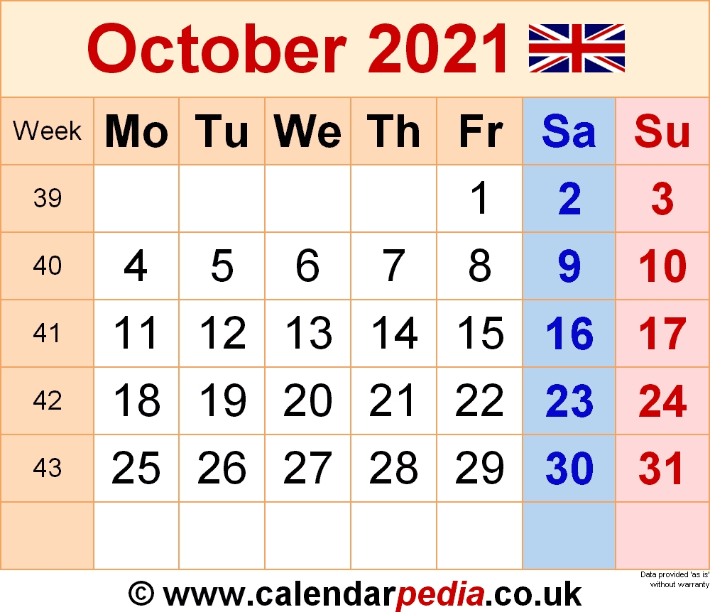 Calendar October 2021 Uk With Excel, Word And Pdf Templates